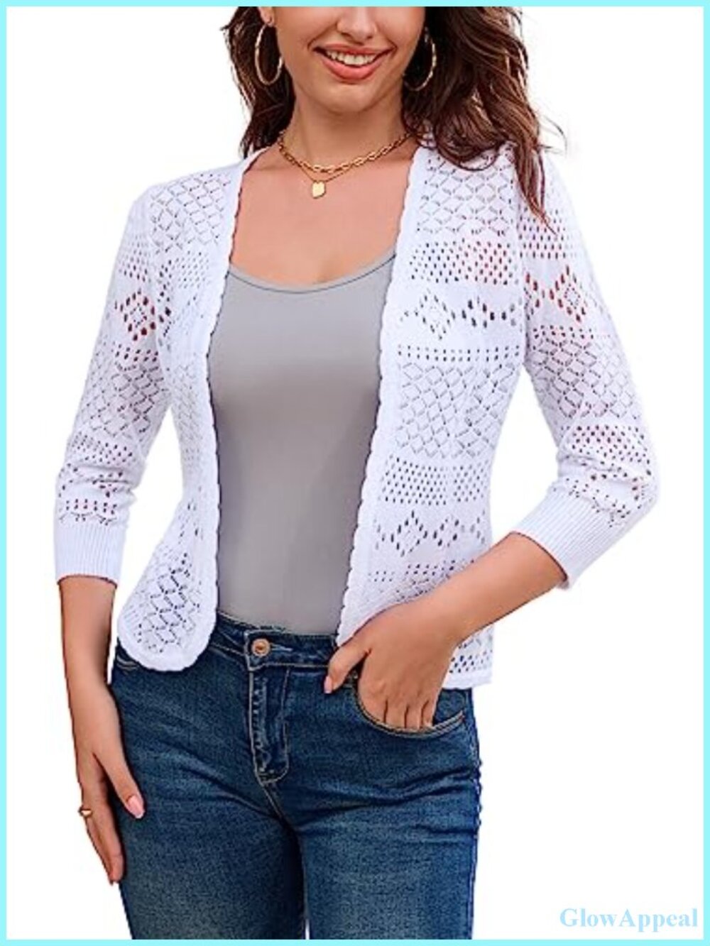 Lightweight Crochet Cardigan 3/4 Sleeve Open Front Knit Shrug for Dresses